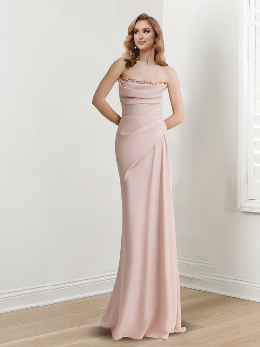 Tight/straight strapless sleeveless and floor length beaded evening dress