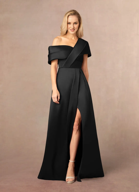 A-line single shoulder strap side slit and floor length mother of the bride dress