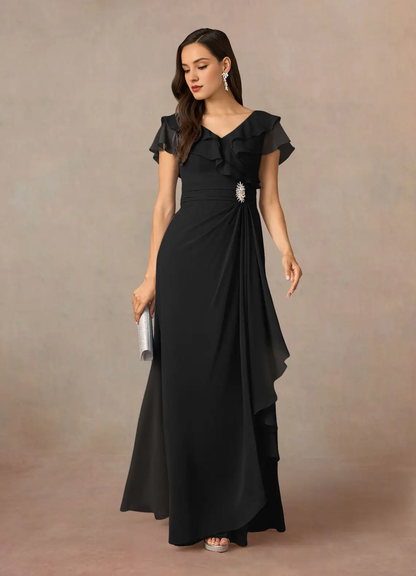 A-link V-neck pleated chiffon and floor length mother of bride dress