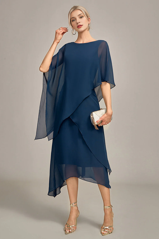 Navy Blue A-line Low Round Neck Chiffon Bridal Mother Dress