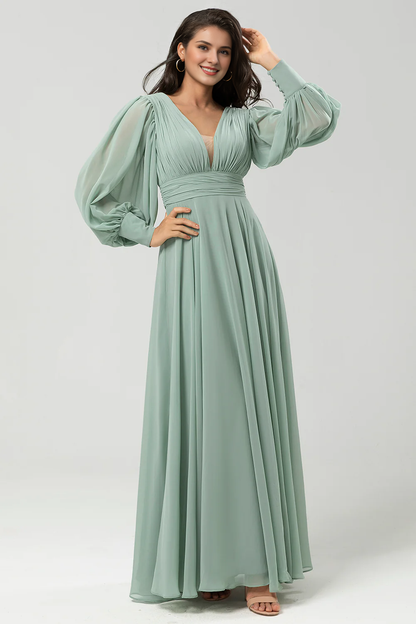 Matcha A-shaped detachable chiffon long sleeved bridesmaid dress