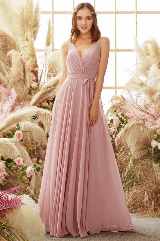 Pink V-neck long chiffon bridesmaid dress