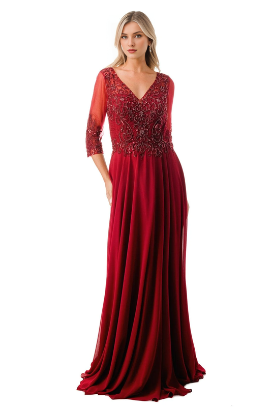 A-line chiffon bead embroidery 3/4 sleeve long dress for mother of the bride dress