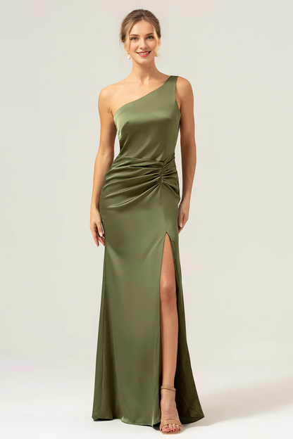 Elegant fish tail one shoulder pleated backless olive slit bridesmaid dress