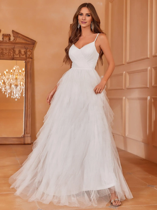 Elegant V-neck mesh veil layer thin shoulder strap and floor length wedding dress