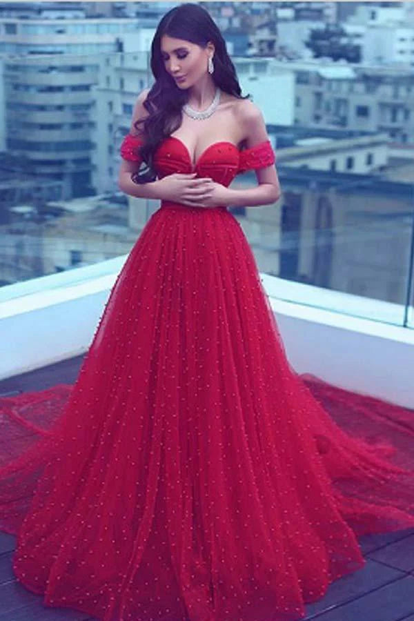 Gorgeous Tulle Red Off the Shoulder Sweetheart A-Line Lace up Wedding Dresses