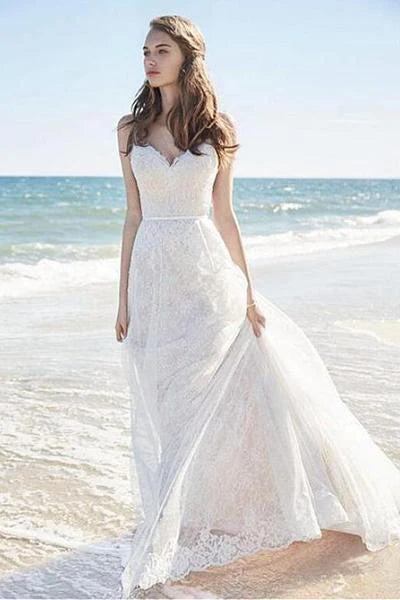 Chic A-Line Sweetheart Backless Lace Beach Spaghetti Straps Long Wedding Dresses