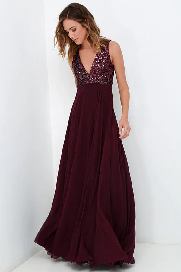 Burgundy A Line Floor Length Deep V Neck Sleeveless Bridesmaid Dresses Wedding Party Dresses