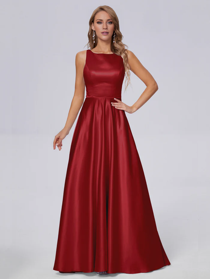 Sleeveless backless satin and floor length bridesmaid dress