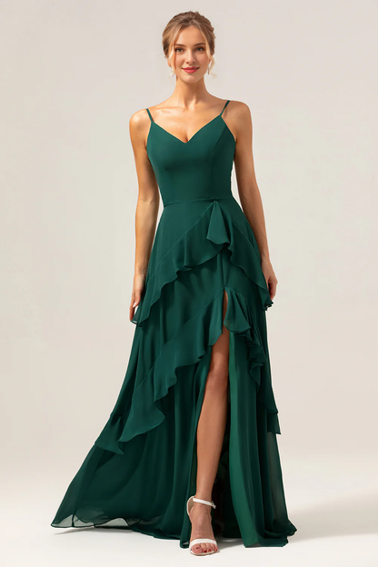 Deep green A-line V-neck ruffled chiffon layered and floor length slit bridesmaid dress