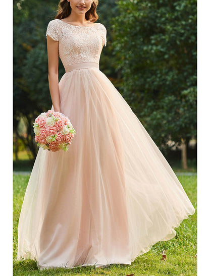 A-Line Bridesmaid Dress Jewel Neck Short Sleeve Elegant Floor Length Chiffon / Lace with Lace / Pleats