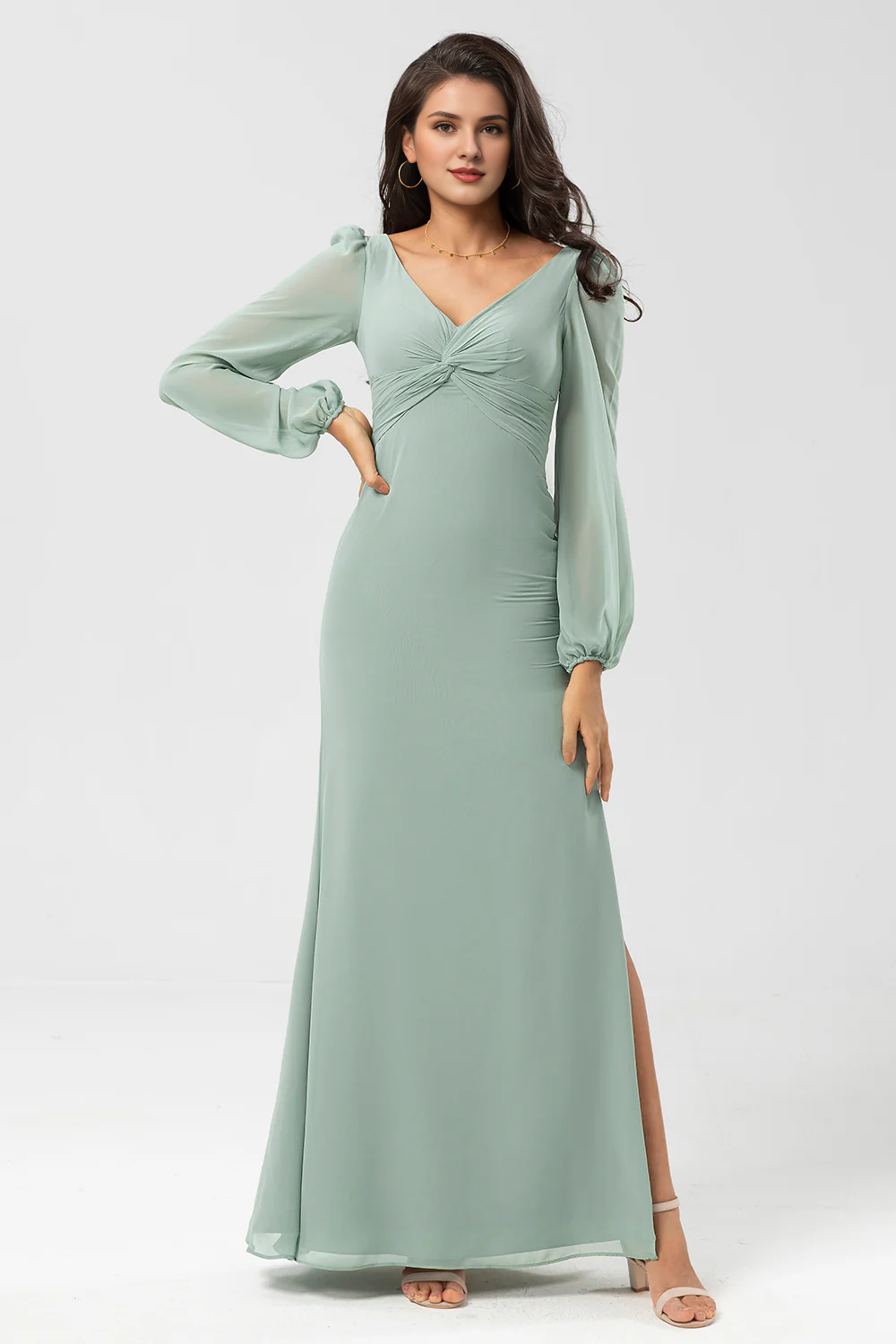 Matcha tight V-neck chiffon knot with slit long bridesmaid dress