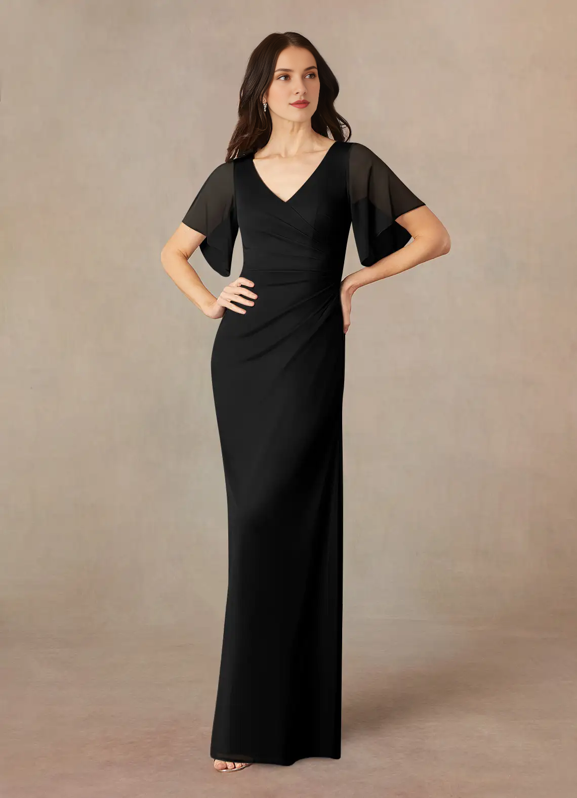 A-line V-neck pleated mesh and floor length mother of the bride dress