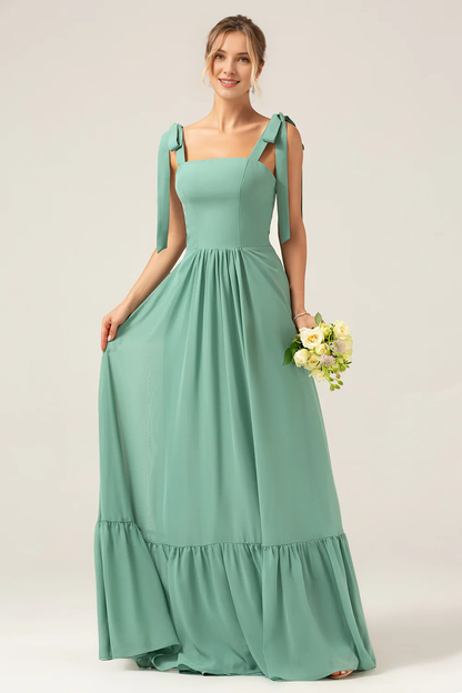 A-line slim shoulder strap pleated and ground length eucalyptus bridesmaid dress