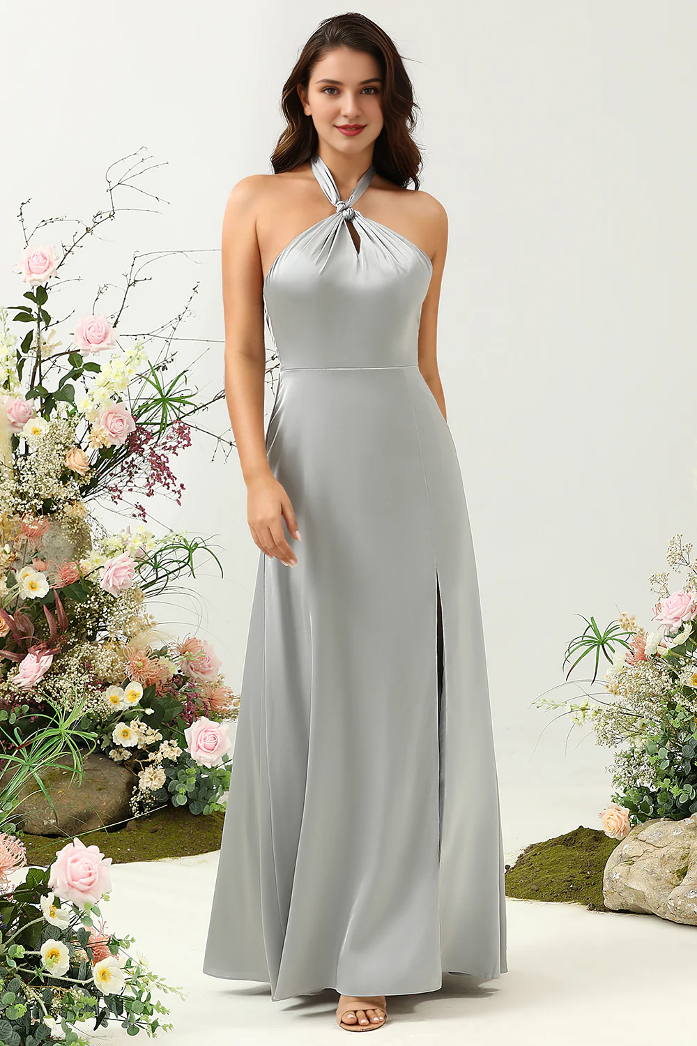 Grey A-line hanging neck shiny satin floor length slit bridesmaid dress