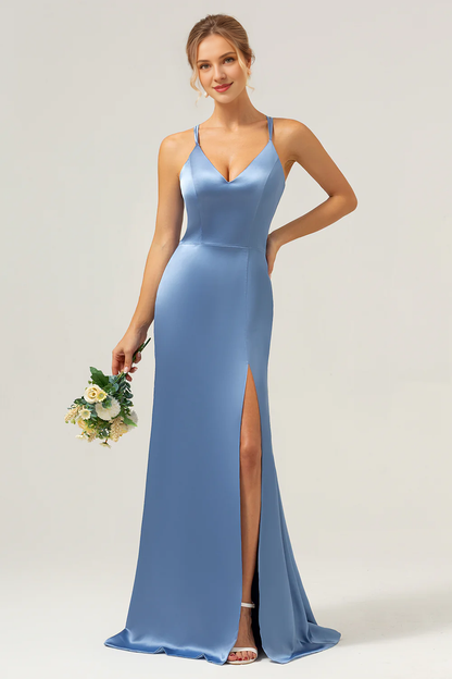 Fish tail thin shoulder strap long slit satin blue bridesmaid dress