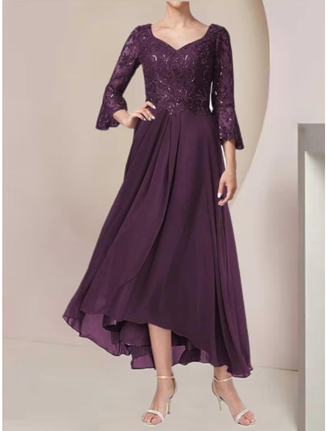A-Line Mother of the Bride Dress Wedding Guest Elegant V Neck Asymmetrical Ankle Length Chiffon Lace 3/4 Length Sleeve with Pleats Sequin Solid Color