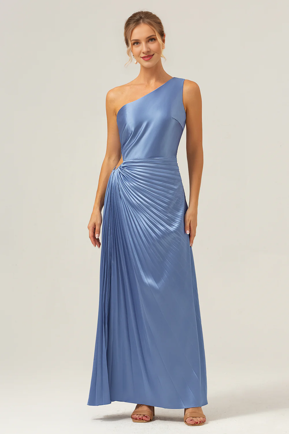 Tight shoulder pleated keyhole satin long blue bridesmaid dress