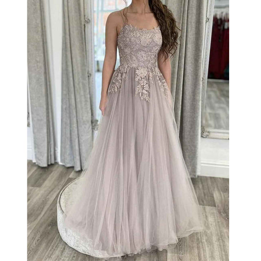 Elegant Backless Gray Lace Long Prom Dress with Thin Straps Open Back Gray Formal Dress Gray Lace Evening Dress