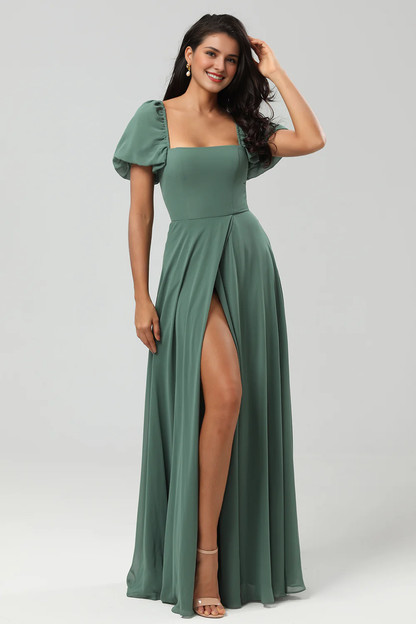 A-line chiffon bubble sleeve eucalyptus color slit bridesmaid dress