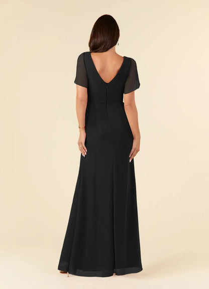 Tight V-neck pleated chiffon mother of the bride dress