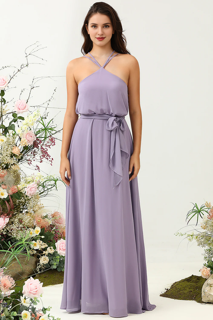 Grey purple A-line bow hanging neck long bridesmaid dress