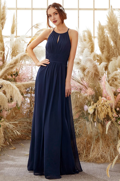 Navy Blue Neck Hanging Chiffon Bridesmaid Dress