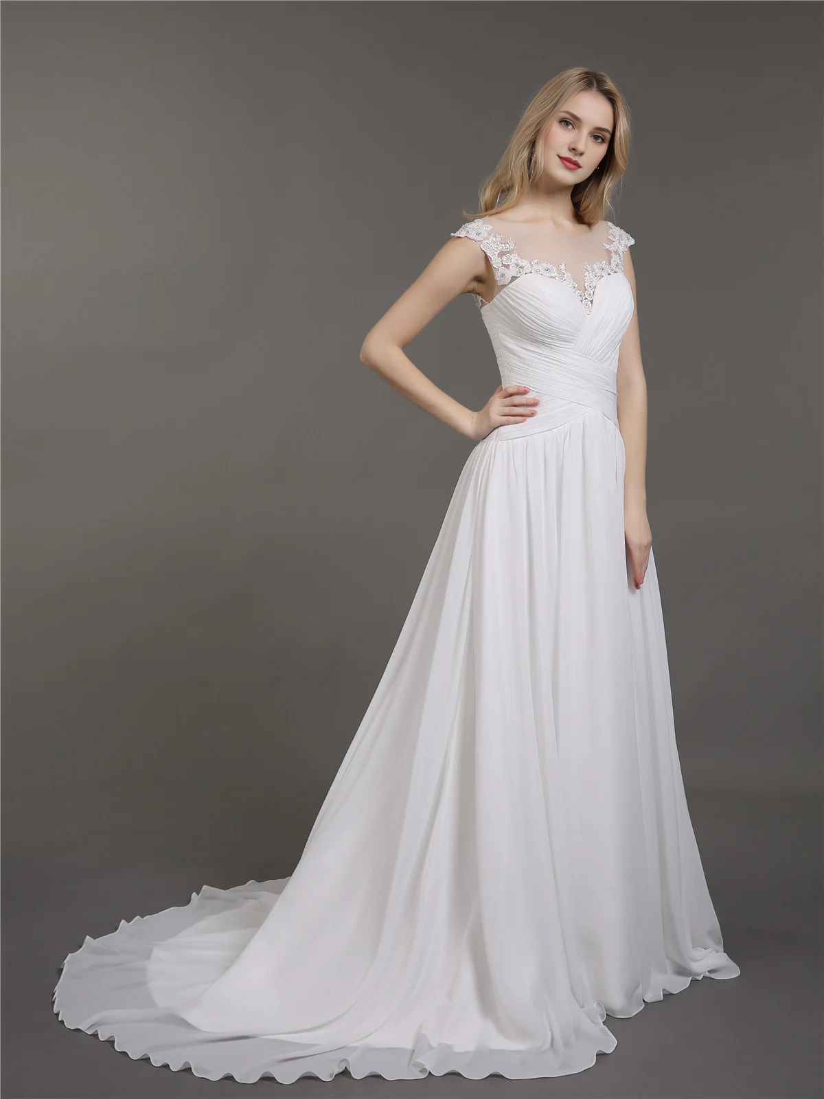 Chiffon lace applique bridal dress