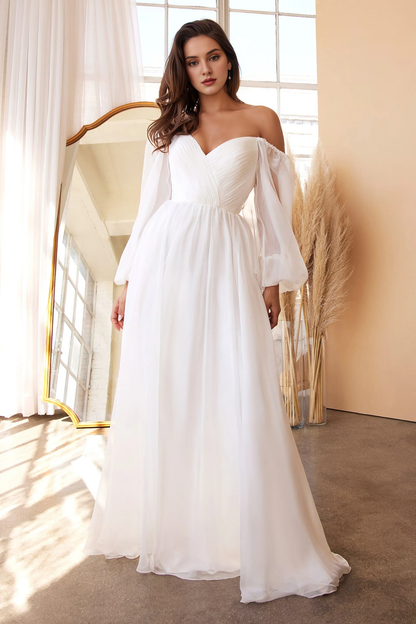 White A-line long sleeved chiffon and floor length dress