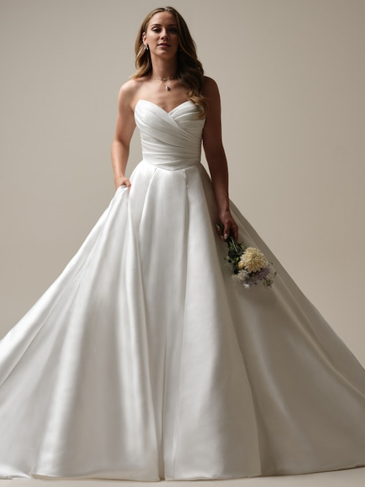 Asymmetric strapless sweetheart neck and floor length wedding dress