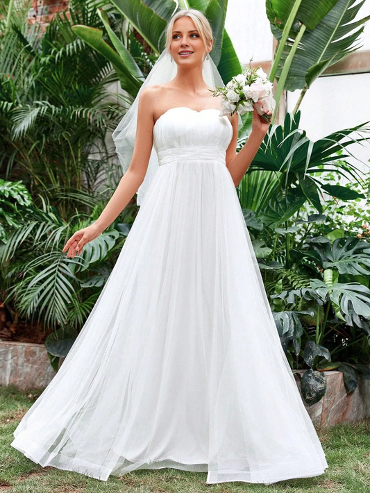 Ruffle waist mesh strapless and floor length wedding dress