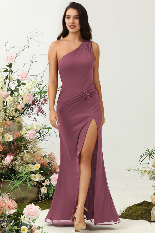 Desert Rose Tail One Shoulder Long Split Bridesmaid Dress