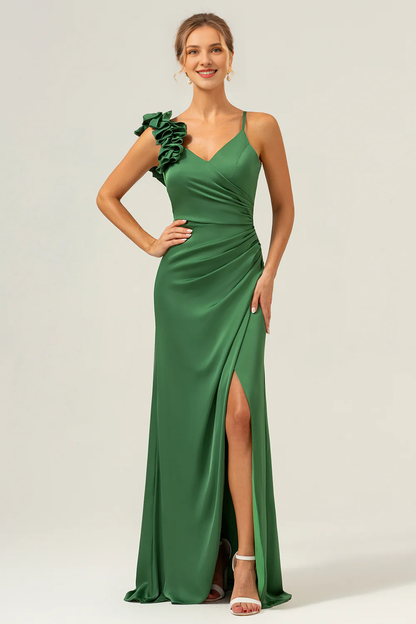 Tight fitting slim shoulder strap pleated satin olive green long slit bridesmaid dress