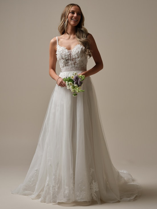 Soft floral pleated chiffon A-line and floor length wedding dress