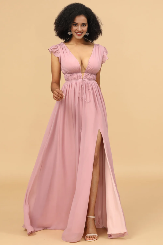 Pink V-neck long chiffon front slit and floor length bridesmaid dress