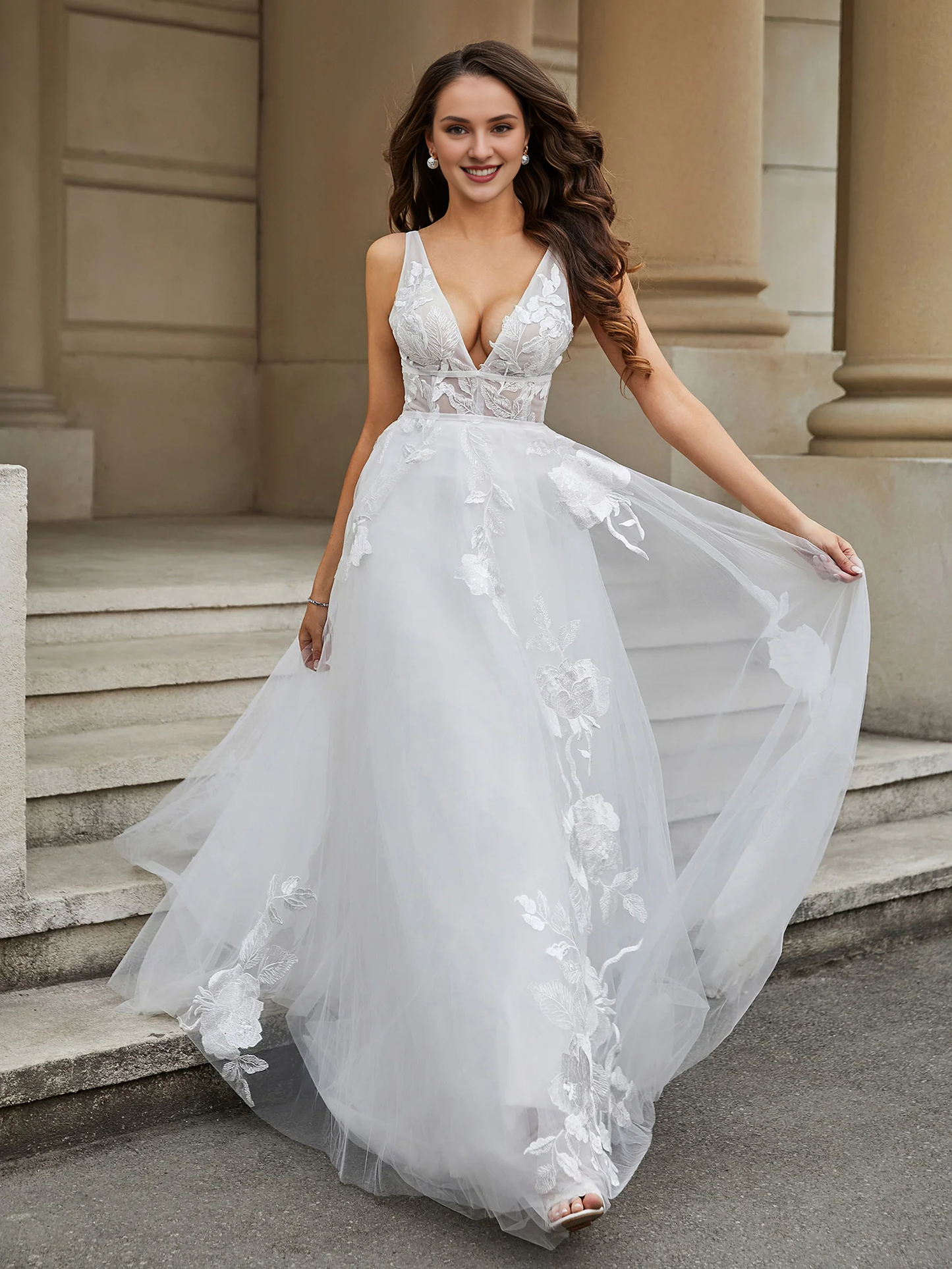 V-neck lace applique chiffon wedding dress