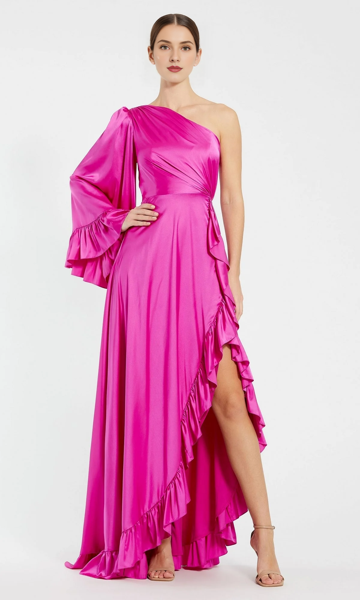 Single shoulder off shoulder and floor length ruffle hem Prom dress