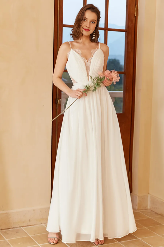 White thin shoulder strap minimalist wedding dress