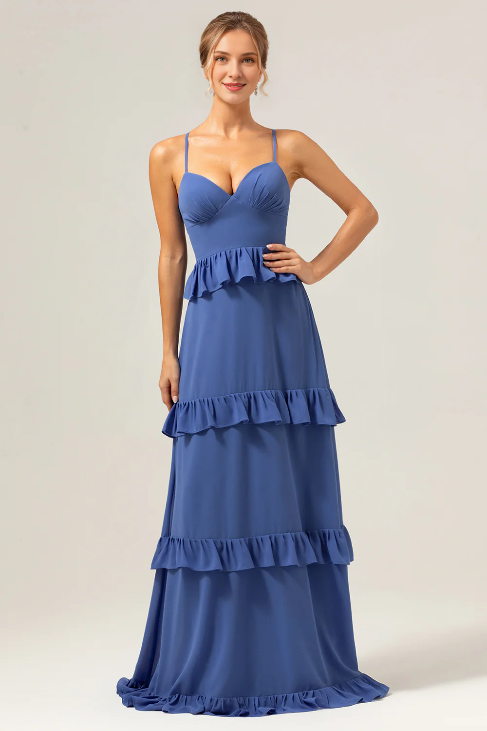 Deep blue A-line thin shoulder strap layered long bridesmaid dress