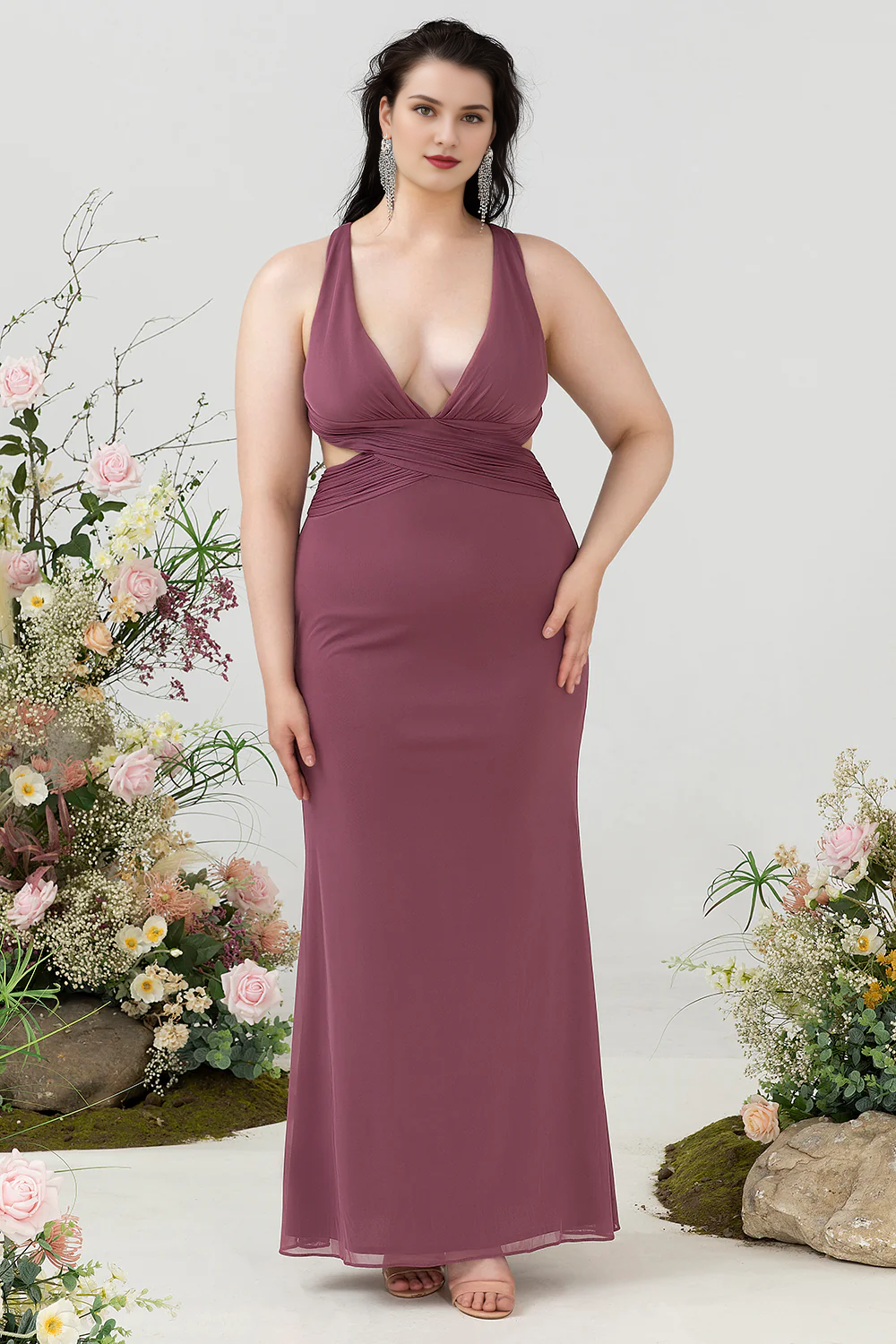 Desert Rose V-neck hollowed out oversized chiffon bridesmaid dress