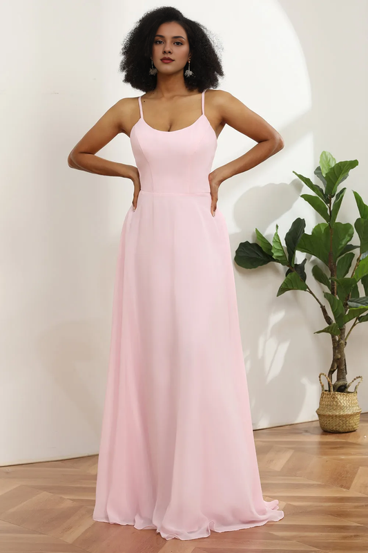 Thin shoulder chiffon pink and floor length bridesmaid dress