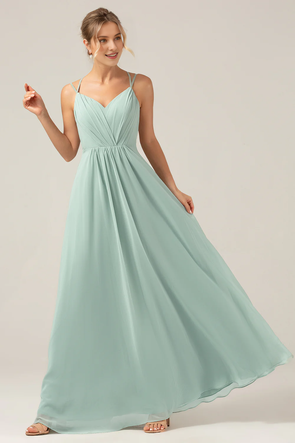 Matcha A-line slim shoulder chiffon and floor pleated bridesmaid dress