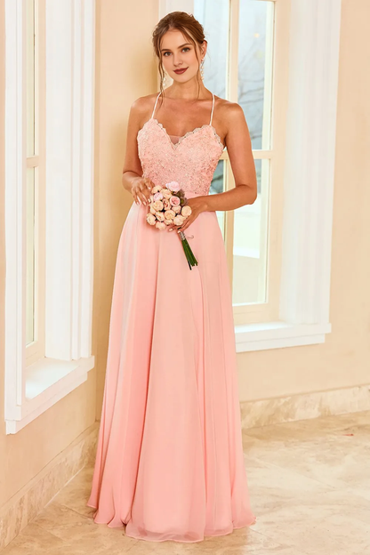 Lace thin shoulder belt powder blusher backless strapping floor length bridesmaid dress