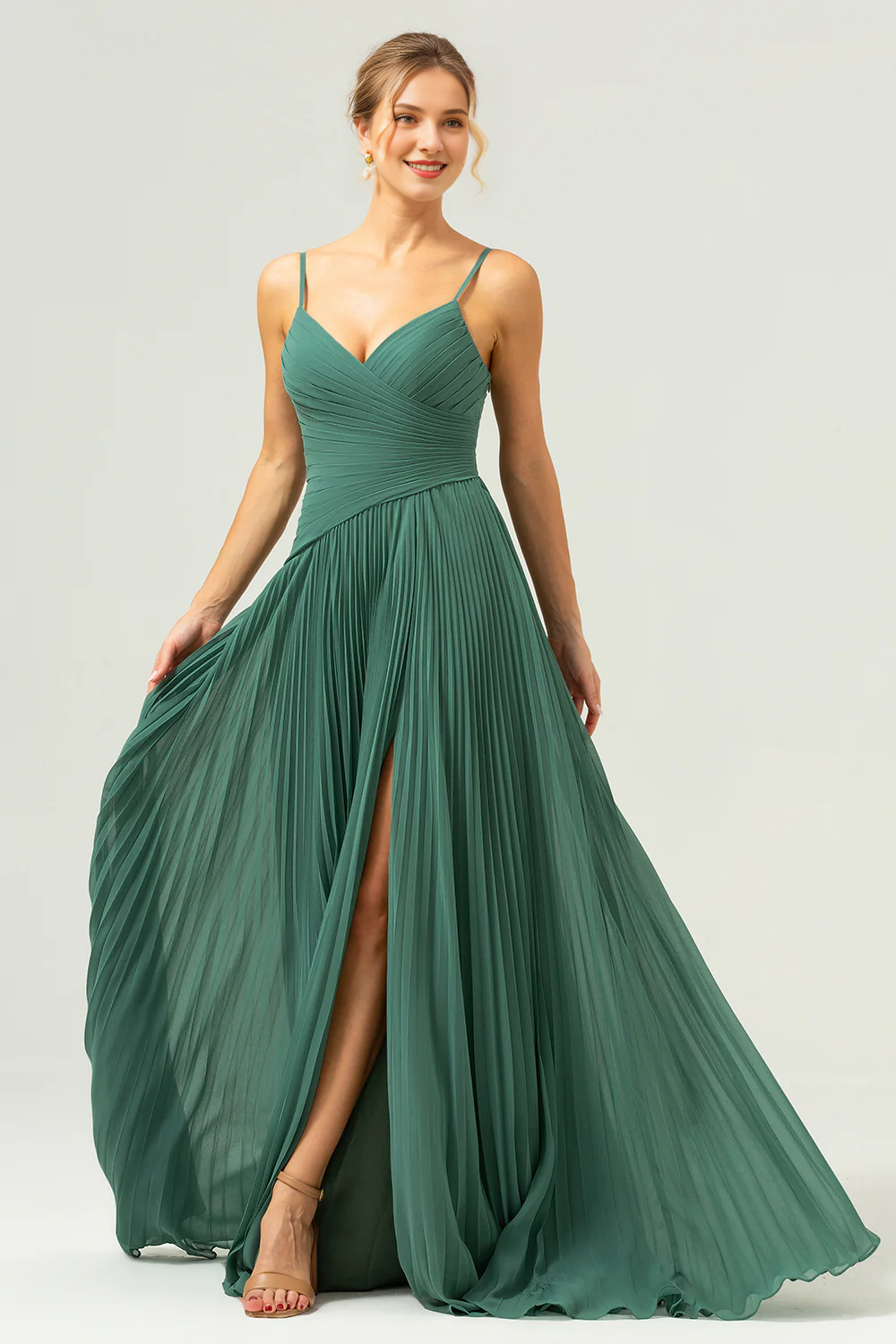 Eucalyptus A-line thin shoulder strap slit pleated long bridesmaid dress