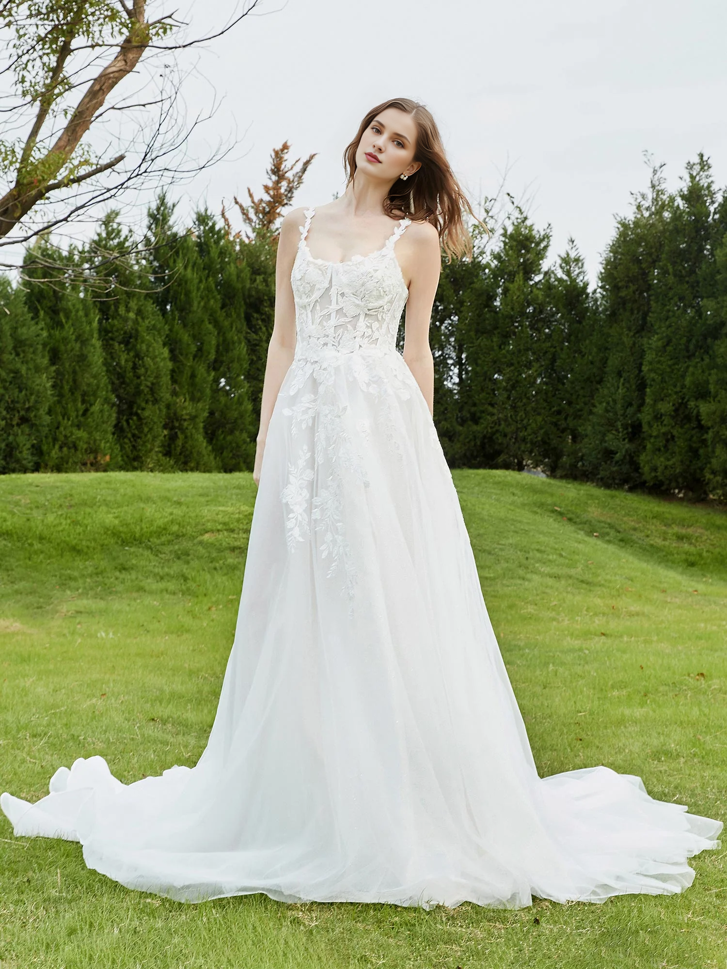 Thin shoulder strap chiffon church trailing wedding dress