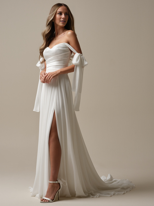 A-line chiffon hanging strapless and floor length wedding dress