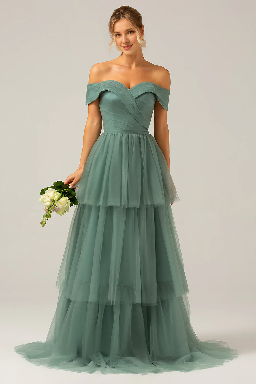 Grey green A-line off shoulder pleated layered long bridesmaid dress