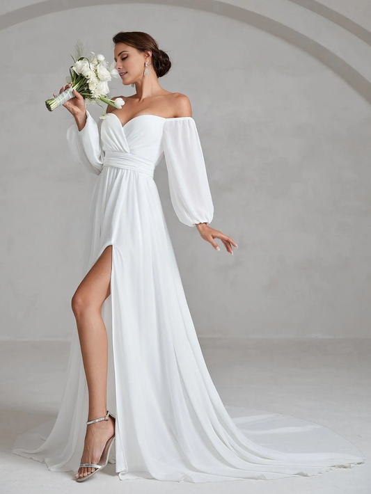 Off shoulder lantern sleeve chiffon side slit and floor length wedding dress