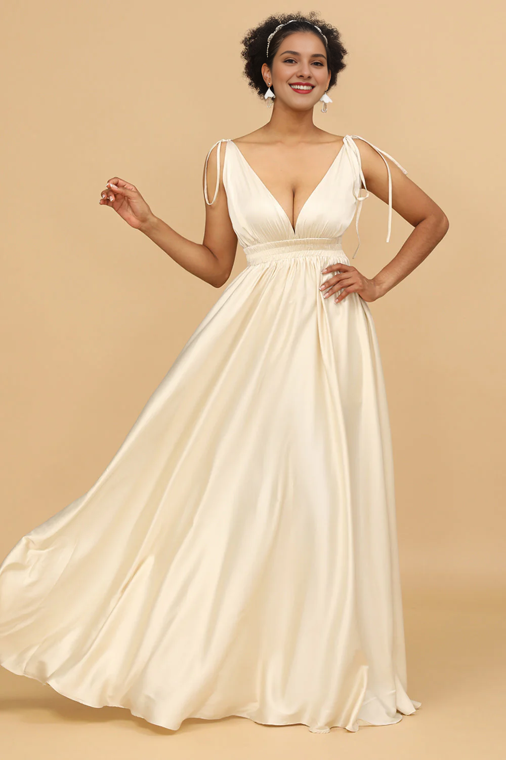 Ivory A-line deep V-neck backless long bridesmaid dress