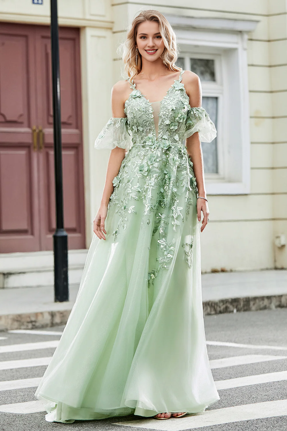 A-line thin shoulder strap tight corset with embroidered sage ball dress